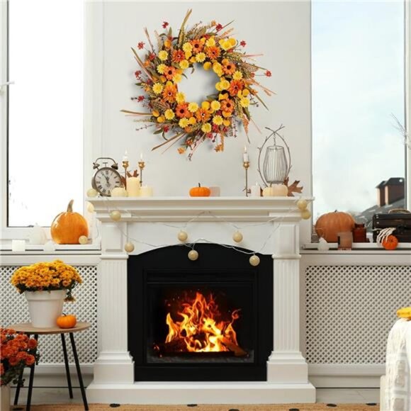 22" Fall Autumn Wreaths for Front Door Orange Daisy Wreath with Grain Ears - Picture 11 of 12